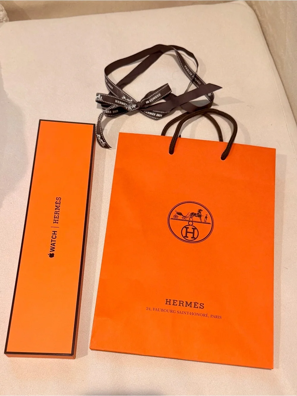 Hermes Orange Gift Bag and iWatch Band Box with Original Ribbon